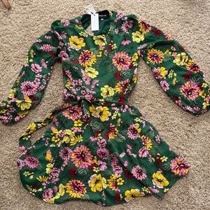 Sugar lips nwt green with pink and yellow floral silky dress, long sleeve knee